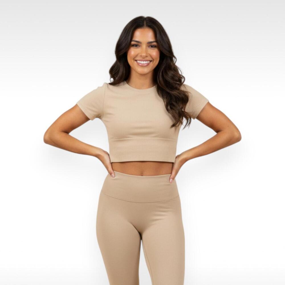 Aerie Offline Seamless Ribbed Cropped Tee | Sand/Beige| Size Medium | NWT